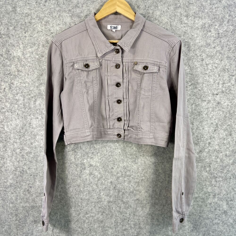 TI:ZED Womens Gray Cropped Denim Jean Jacket‎ Button Up Long Sleeves Size Large